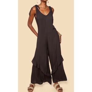 Earthbound Black Ruffle Wide Leg Tie Strap Boho Jumpsuit